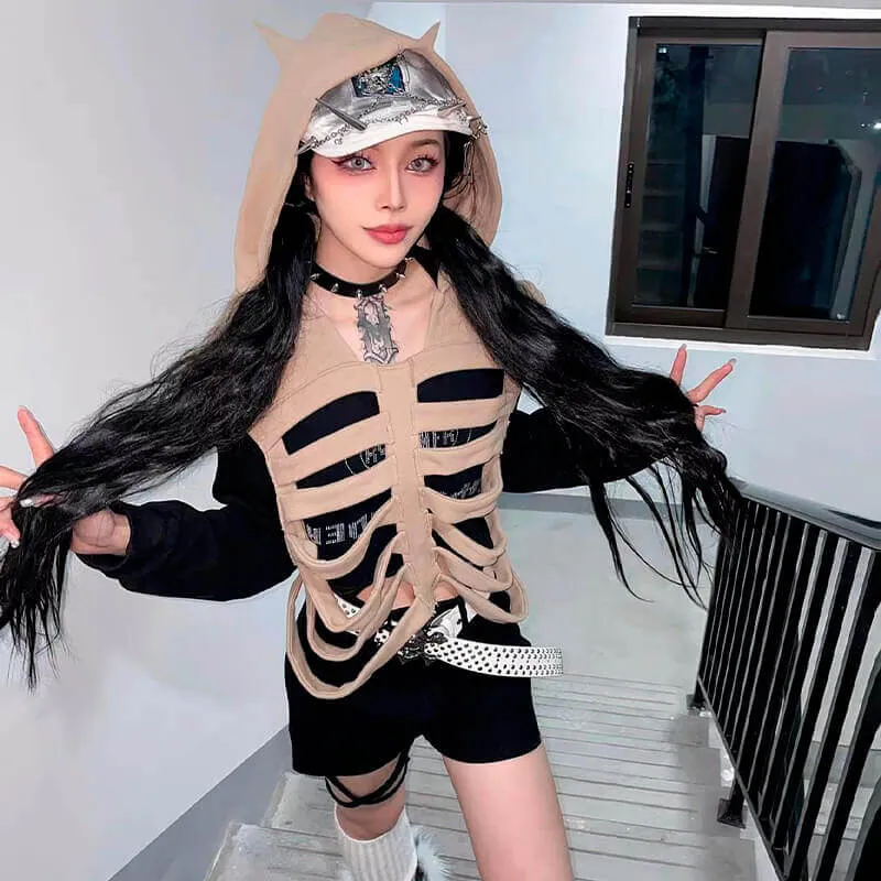 Distressed Skeleton Ribs Hooded Vest
