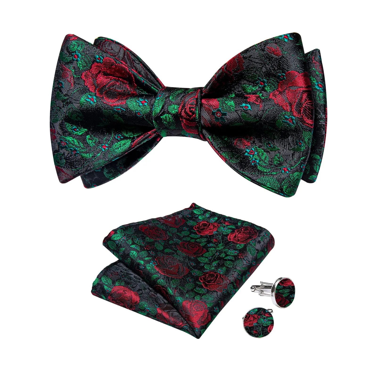 Green Red Floral Self-Bowtie Pocket Square Cufflinks Set