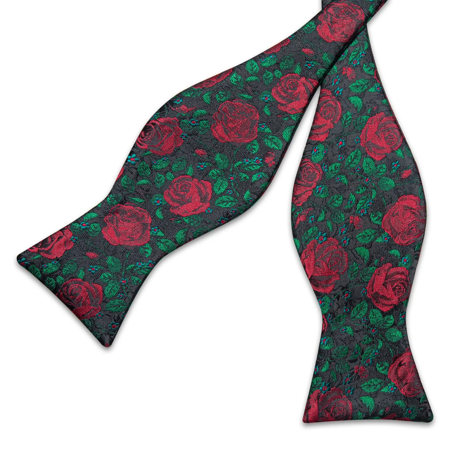 Green Red Floral Self-Bowtie Pocket Square Cufflinks Set