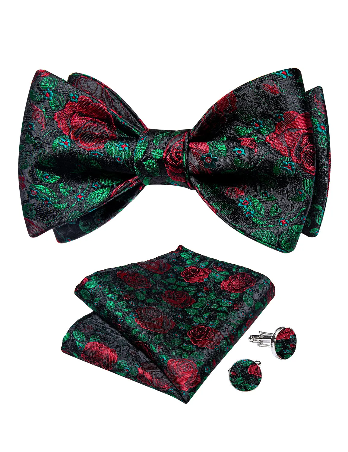 Green Red Floral Self-Bowtie Pocket Square Cufflinks Set