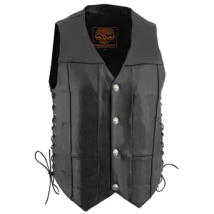 LKM3701 Side Lace Men's Black Leather Classic V-Neck Motorcycle Rider Vest w/ Buffalo Snaps and Side Laces