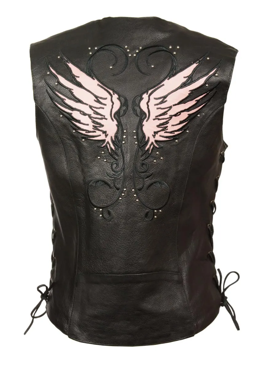 Milwaukee Leather ML1293 Women's Black and Pink Wing Studded Leather Vest