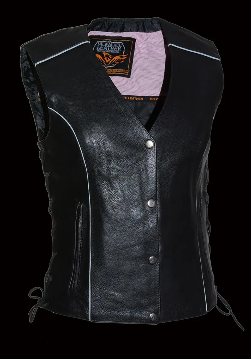 Milwaukee Leather ML1293 Women's Black and Pink Wing Studded Leather Vest