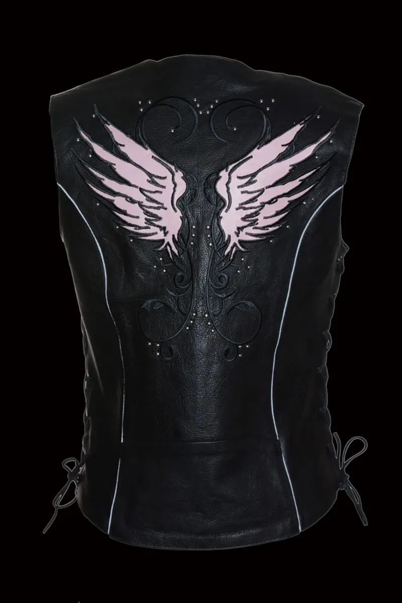 Milwaukee Leather ML1293 Women's Black and Pink Wing Studded Leather Vest